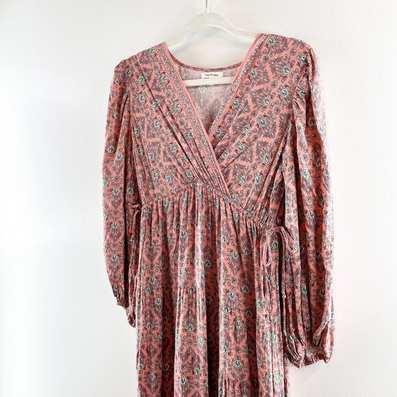 Max Studio Long Sleeve V Neck Printed Midi Dress Maroon Red Small - Picture 11 of 11